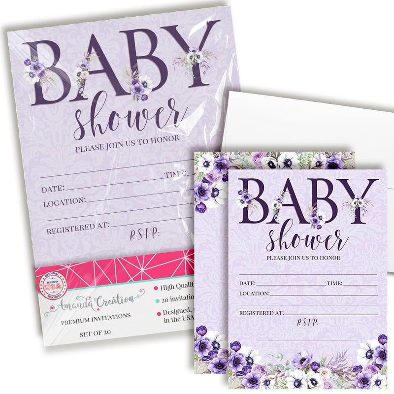 Amanda Creation Watercolor Violets Floral Baby Sprinkle Baby Shower Invitations, 20 5x7 Fill In Cards with Twenty White Envelopes by AmandaCreation - Image 1